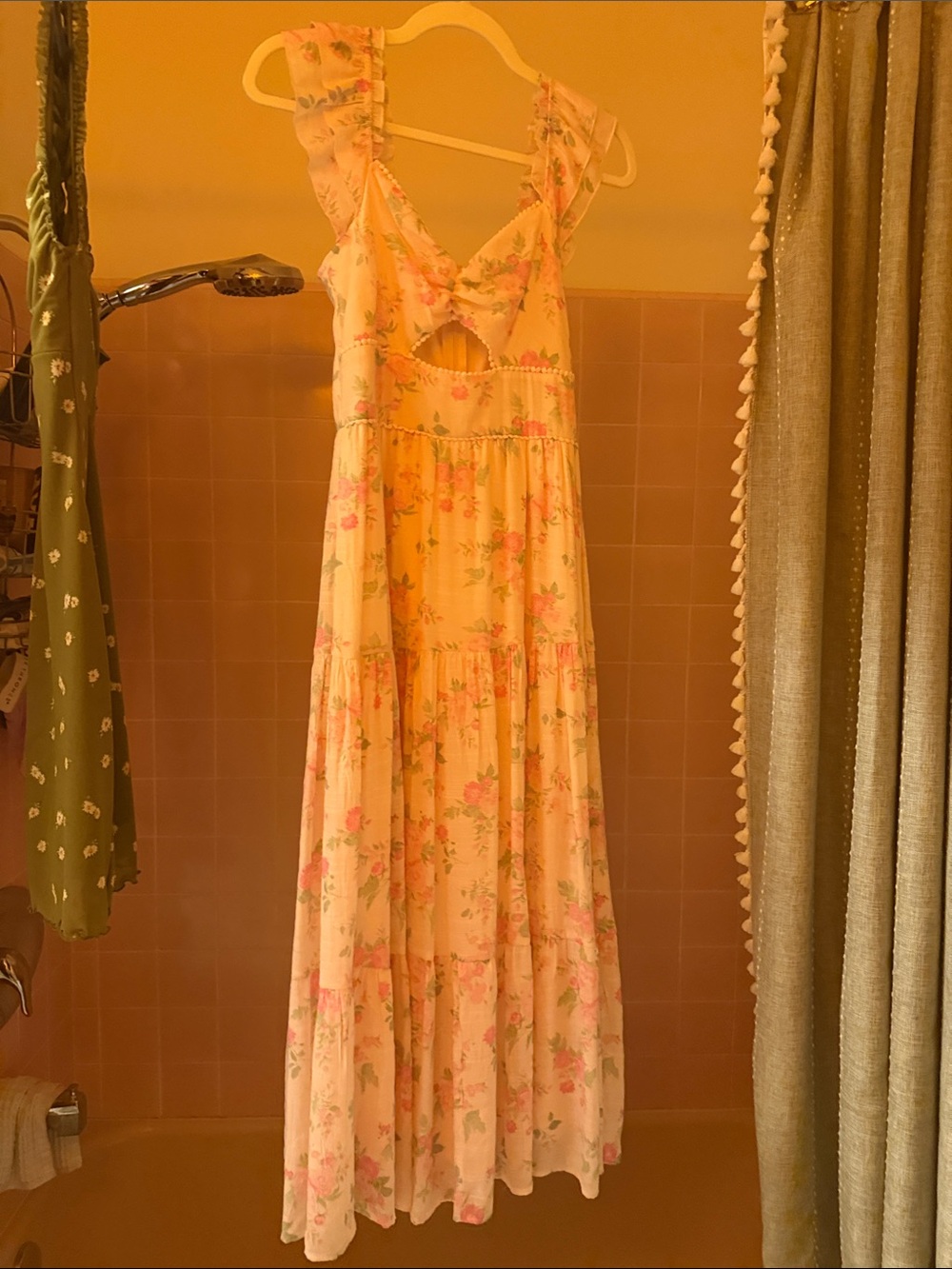 Trixxi Pinkish Peach Floral Ruffled Cutout Maxi Dress